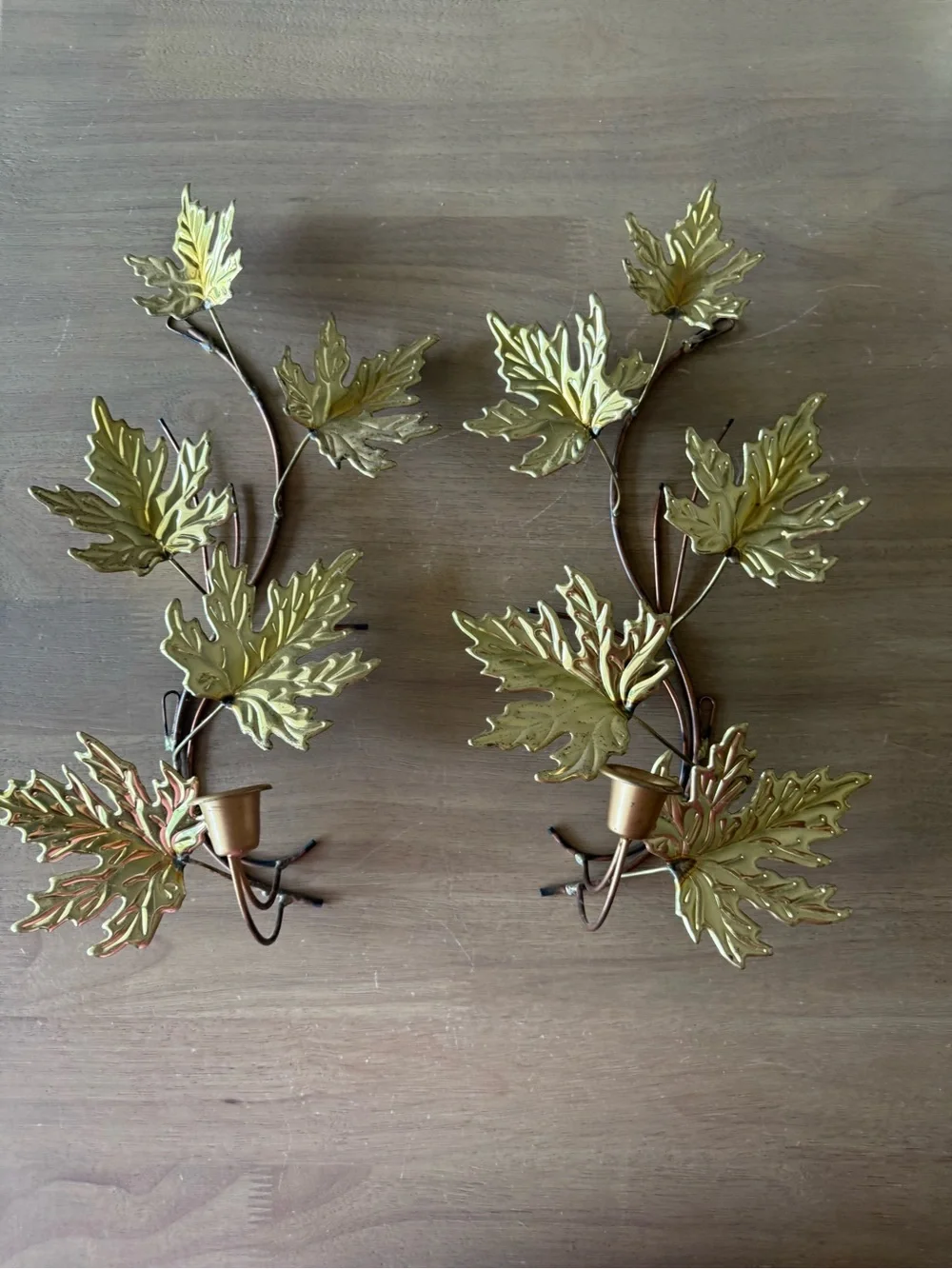 2 VTG HOMCO HOME INTERIOR BRASS COPPER MAPLE LEAF SCONCE CANDLE HOLDERS